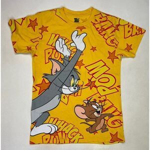 Tom And Jerry All Over Print Graphic T-shirt Men Small Yellow Short Sleeve